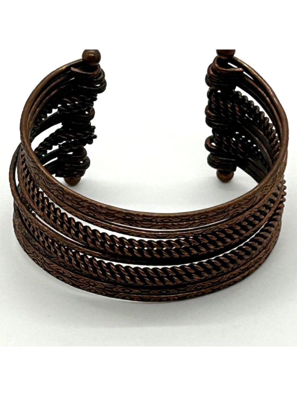 Vintage Boho Multi-Row Wire Cuff Bracelet Copper Tone Textured Design Open End